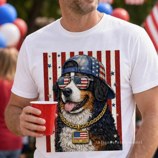 Stars and Stripes Swagger Bernese Mountain Dog T-Shirt | 1776-2026 America 250 Berner Tee