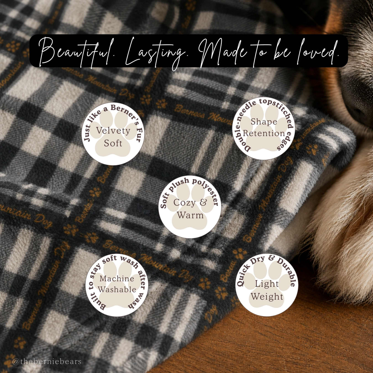 A close-up of the black-dominant tricolor plaid blanket's plush fabric texture, with a Bernese Mountain Dog's snout visible in the corner. A gold banner reads "Beautiful. Lasting. Made to be loved." Five paw-print icons list features: Velvety Soft (just like a Berner's fur), Shape Retention (double-needle topstitched edges), Cozy & Warm (soft plush polyester), Machine Washable (built to stay soft after wash), and Light Weight (quick dry & durable).