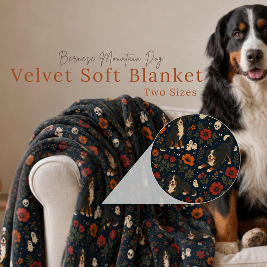 A Bernese Mountain Dog sitting on a cream armchair beside a Skull Floral throw blanket, with a circular close-up inset showing a dark gothic floral pattern with skull motifs woven among the flowers and a Bernese Mountain Dog. Text reads "Bernese Mountain Dog Velvet Soft Blanket, Two Sizes."