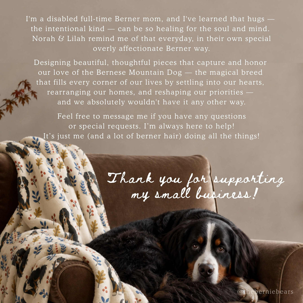 A Bernese Mountain Dog lying on a brown armchair with the Painted Pumpkin Patch blanket draped over the armrest. Text reads: "I'm a disabled full-time Berner mom, and I've learned that hugs — the intentional kind — can be so healing for the soul and mind. Norah & Lilah remind me of that everyday, in their own special overly affectionate Berner way. Designing beautiful, thoughtful pieces that capture and honor our love of the Bernese Mountain Dog... Feel free to message me if you have any questions."