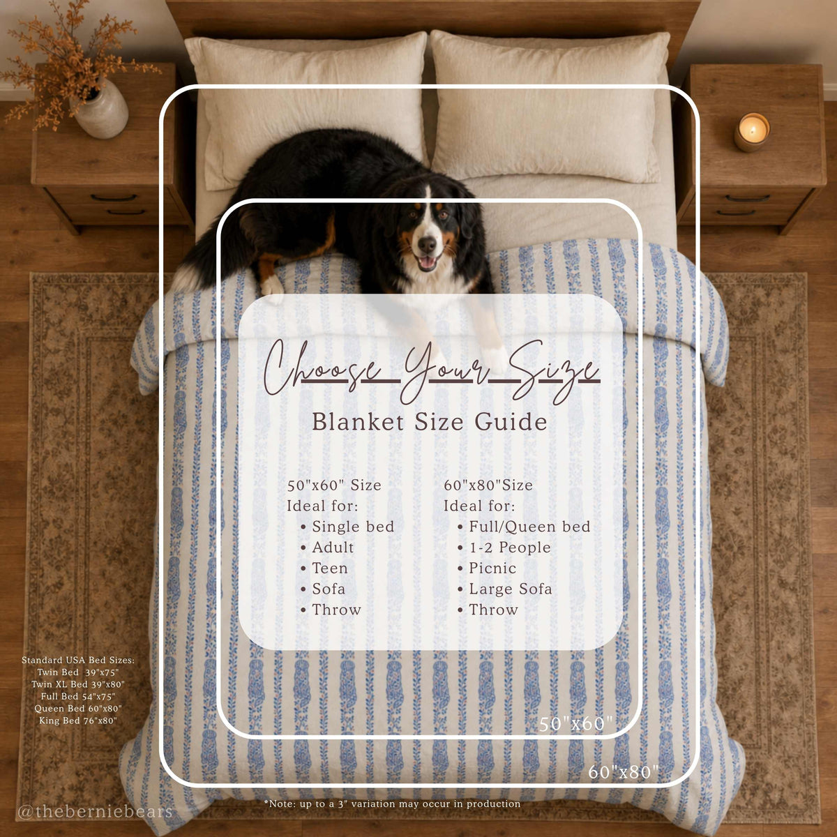 An overhead view of a Bernese Mountain Dog lying on a bed made up with the Vine Stripe throw blanket. Text reads "Choose Your Size, Blanket Size Guide," listing the 50x60 inch size as ideal for a single bed, adult, teen, sofa, or throw, and the 60x80 inch size as ideal for a full/queen bed, 1-2 people, picnic, large sofa, or throw, with standard USA bed size reference and a note that up to a 3 inch variation may occur in production.