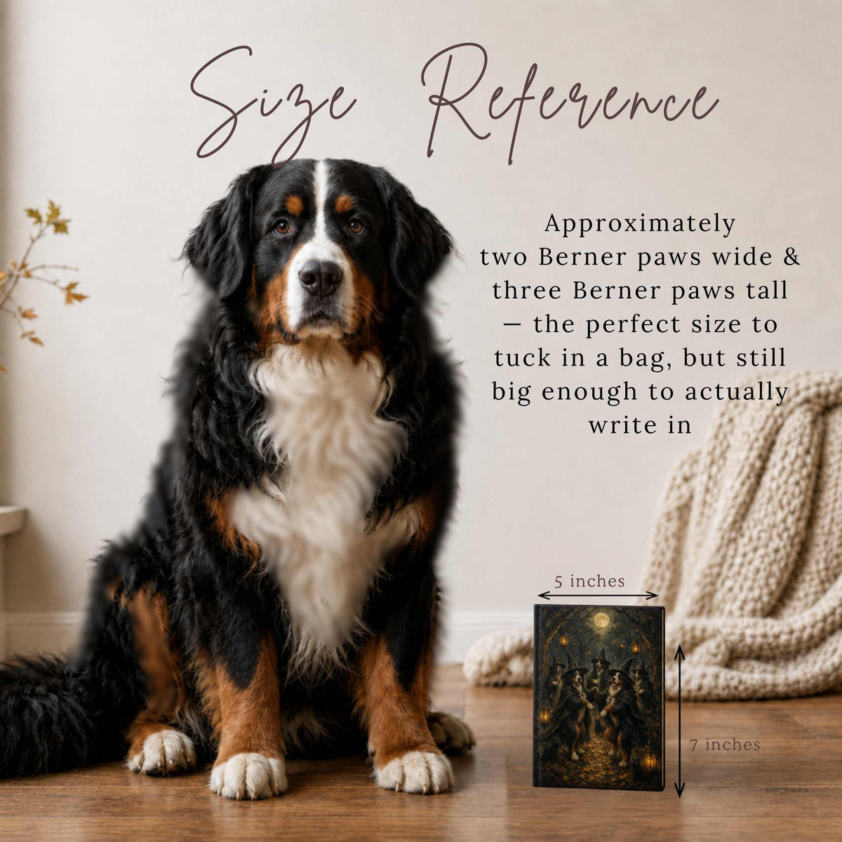 A seated adult Bernese Mountain Dog beside a hardcover journal featuring Bernese Mountain Dogs dressed as witches dancing in a moonlit forest with glowing lanterns, with dimension arrows labeled 5 inches and 7 inches, on a wood floor with a knit blanket nearby. Text reads "Size Reference: Approximately two Berner paws wide and three Berner paws tall."