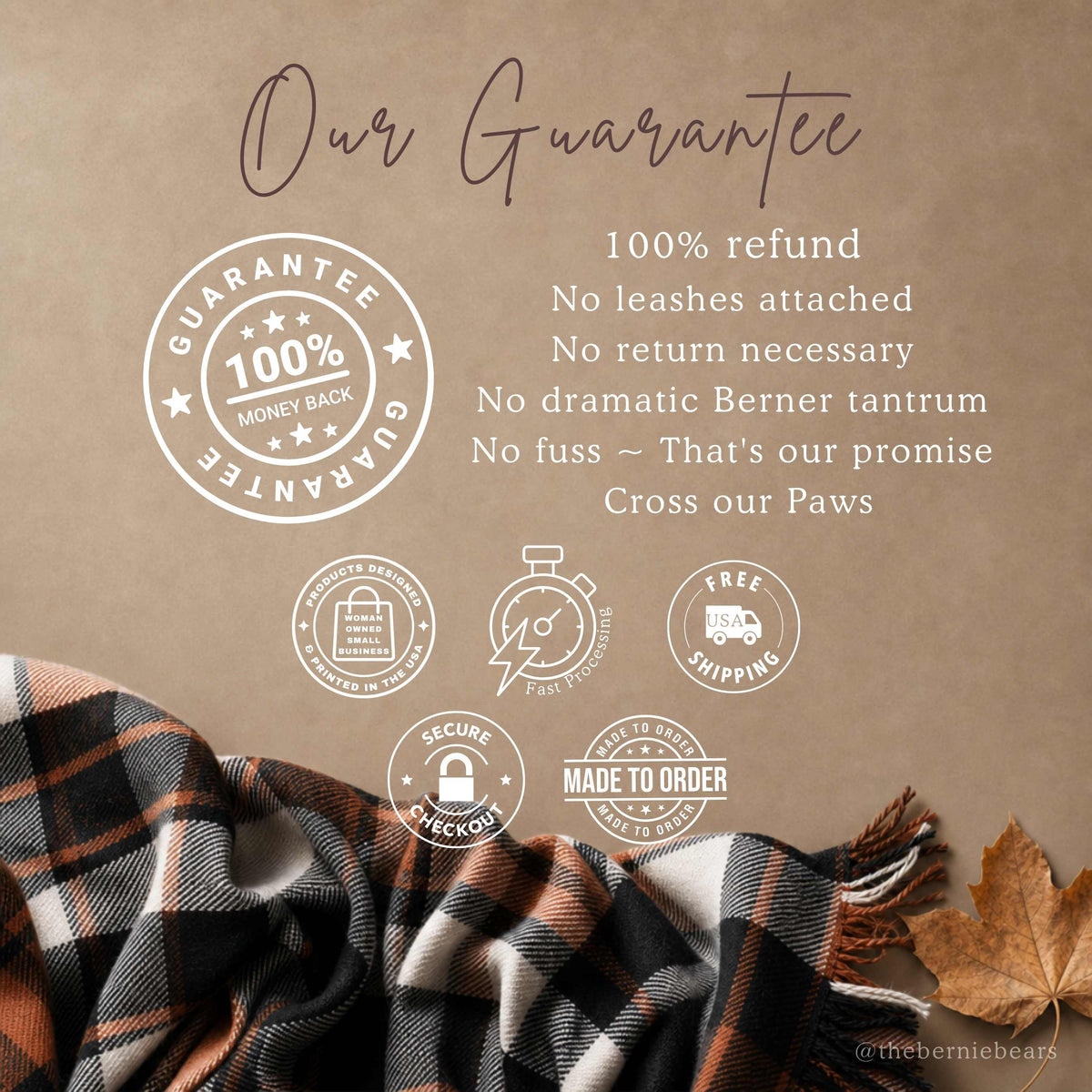 A warm tan background with soft natural texture. Text reads "Our Guarantee: 100% refund, no leashes attached, no return necessary, no dramatic Berner tantrum, no fuss, that's our promise, cross our paws," with a 100% money-back guarantee stamp and badges for woman-owned small business with products designed and printed in the USA, fast processing, free USA shipping, secure checkout, and made to order.