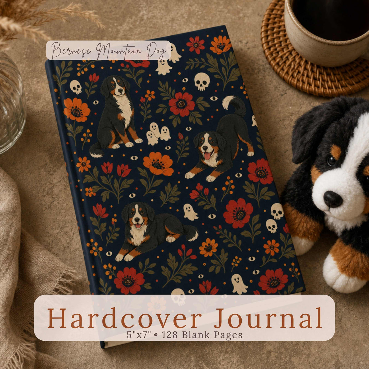 A Bernese Mountain Dog plush toy sits beside a hardcover journal featuring playful Bernese Mountain Dogs among bold red and orange florals with friendly ghosts, skulls, and watchful eyes on midnight navy, with a circular close-up inset of the pattern, on a warm taupe surface with dried pampas grass and a coffee cup. Text reads "Bernese Mountain Dog Hardcover Journal, 5"x7" • 128 Blank Pages."