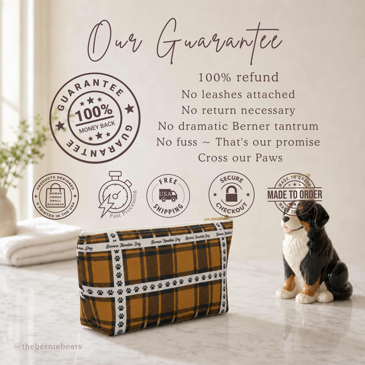Shop guarantee card for the Bernese Mountain Dog BMD Tricolor Copper Plaid accessory pouch with 100% refund promise and free USA shipping badges