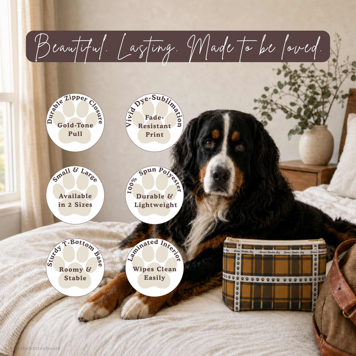 Feature icon badges for the Bernese Mountain Dog BMD Tricolor Copper Plaid accessory pouch, including zipper closure, dye-sublimation print, and laminated interior