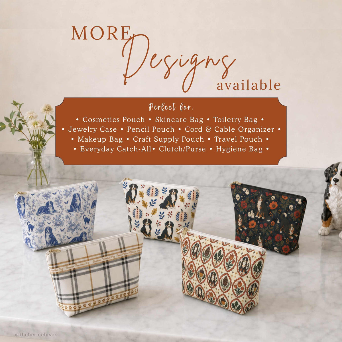 Alternate Designs: Five Bernese Mountain Dog accessory pouch designs including Halloween, plaid, and floral prints, more designs available