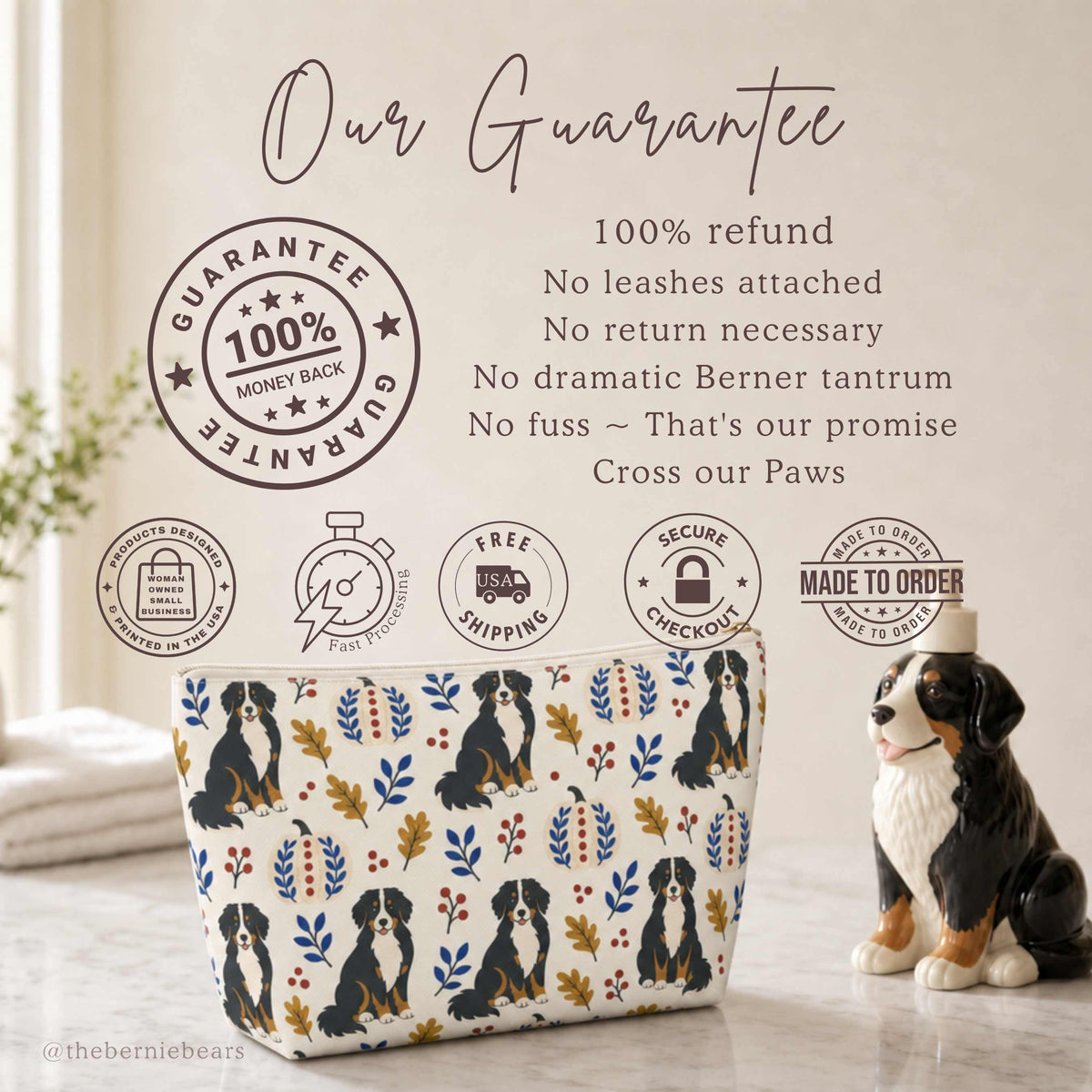 Shop guarantee card for the Bernese Mountain Dog Folk Art Pumpkin Patch accessory pouch with 100% refund promise and free USA shipping badges