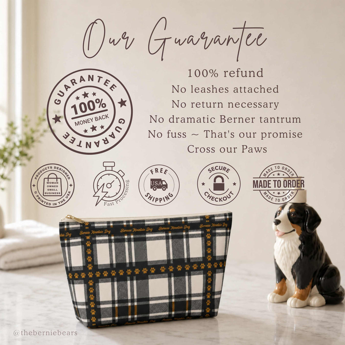 Shop guarantee card for the Bernese Mountain Dog BMD Tricolor Black Plaid accessory pouch with 100% refund promise and free USA shipping badges