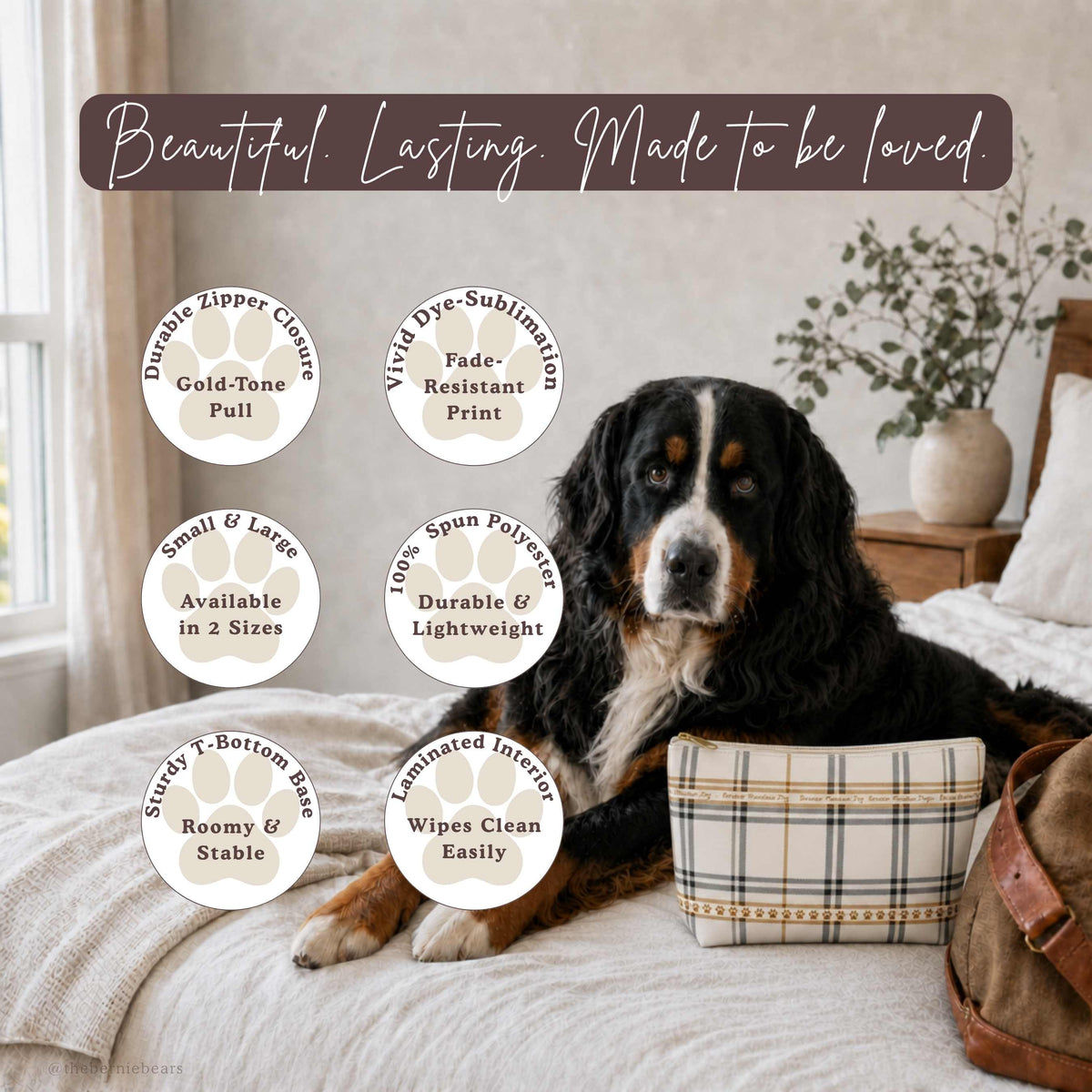 Feature icon badges for the Bernese Mountain Dog BMD Tricolor Cream Plaid accessory pouch, including zipper closure, dye-sublimation print, and laminated interior