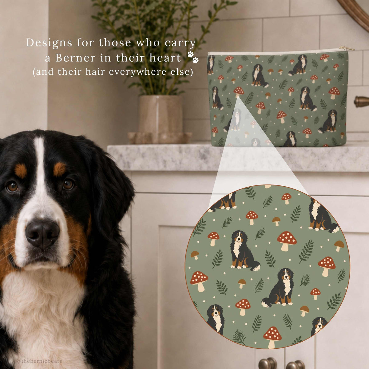 Close-up detail of the Bernese Mountain Dog Woodland Mushroom print on an accessory pouch beside a real Bernese Mountain Dog