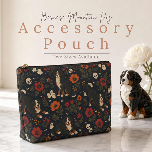 Bernese Mountain Dog Moody Boho Floral accessory pouch on a bathroom counter, available in two sizes