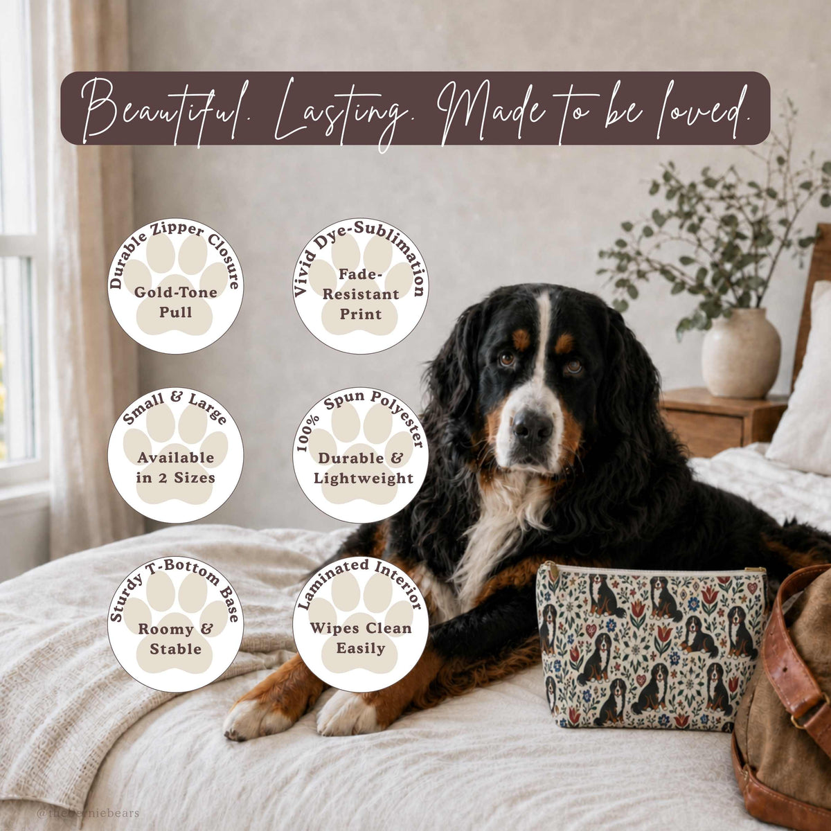 Small and Large Bernese Mountain Dog Swiss Alpine Folk Art accessory pouches shown side by side with dimensions labeled
