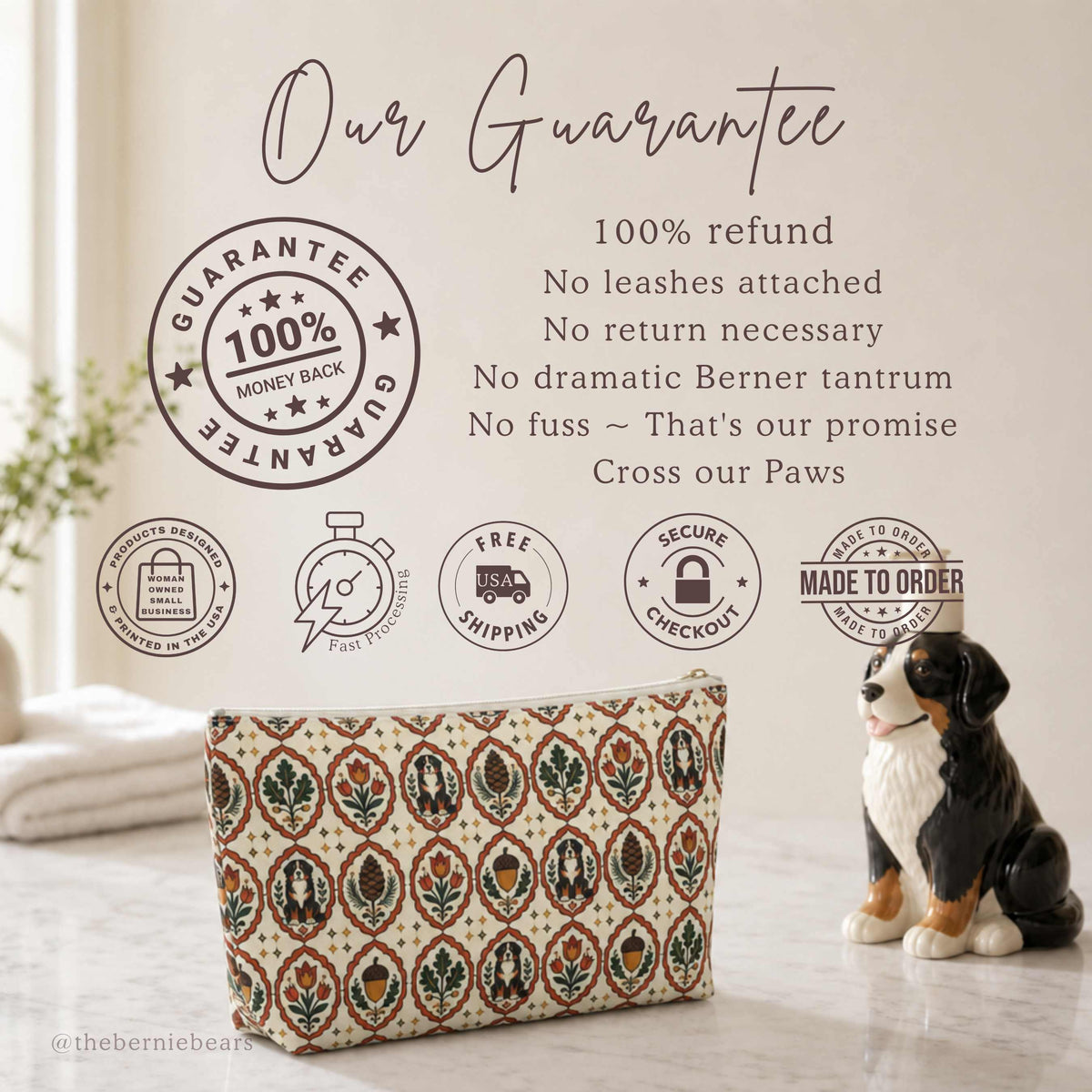 Shop guarantee card for the Bernese Mountain Dog Swiss Folk Art Medallion accessory pouch with 100% refund promise and free USA shipping badges
