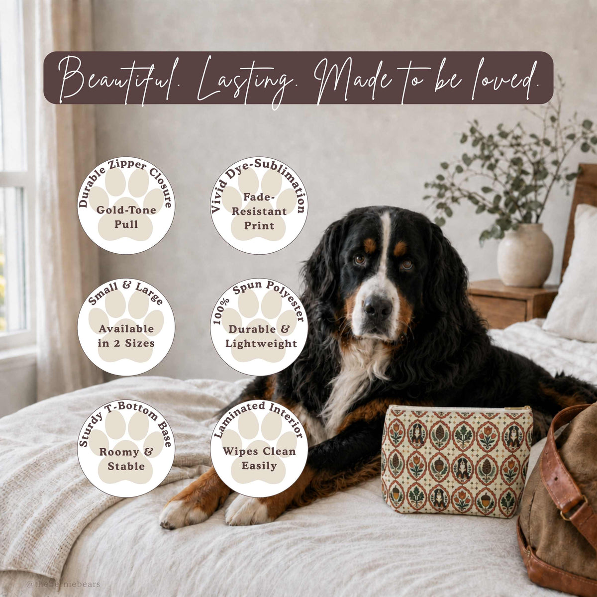 Feature icon badges for the Bernese Mountain Dog Swiss Folk Art Medallion accessory pouch, including zipper closure, dye-sublimation print, and laminated interior