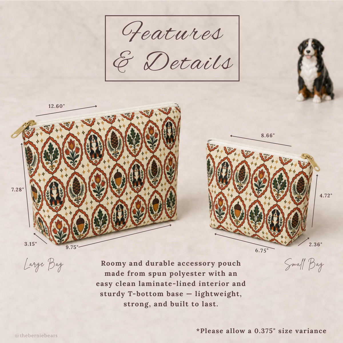 Small and Large Bernese Mountain Dog Swiss Folk Art Medallion accessory pouches shown side by side with dimensions labeled