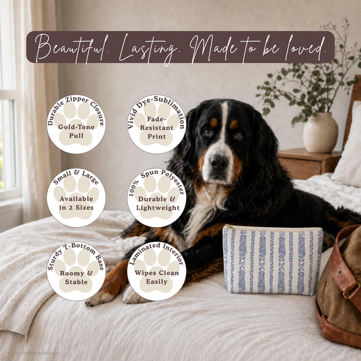 Feature icon badges for the Bernese Mountain Dog Heritage Vine Stripe accessory pouch, including zipper closure, dye-sublimation print, and laminated interior