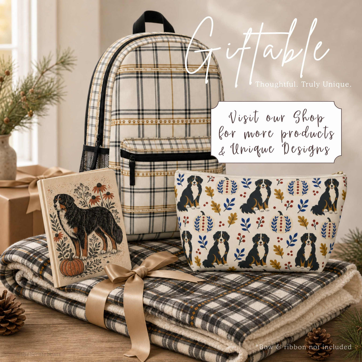 Giftable Bernese Mountain Dog product set with a backpack, journal, accessory pouch, and throw blanket from The Bernie Bears