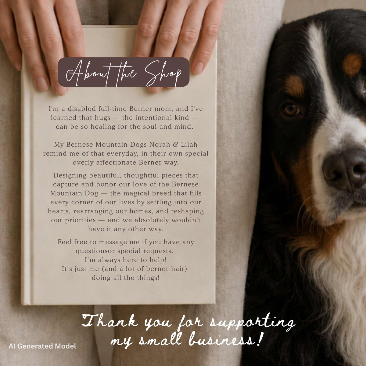 A pair of hands holding a hardcover journal beside a Bernese Mountain Dog's face peeking into frame, alongside the "About the Shop" brand story text.