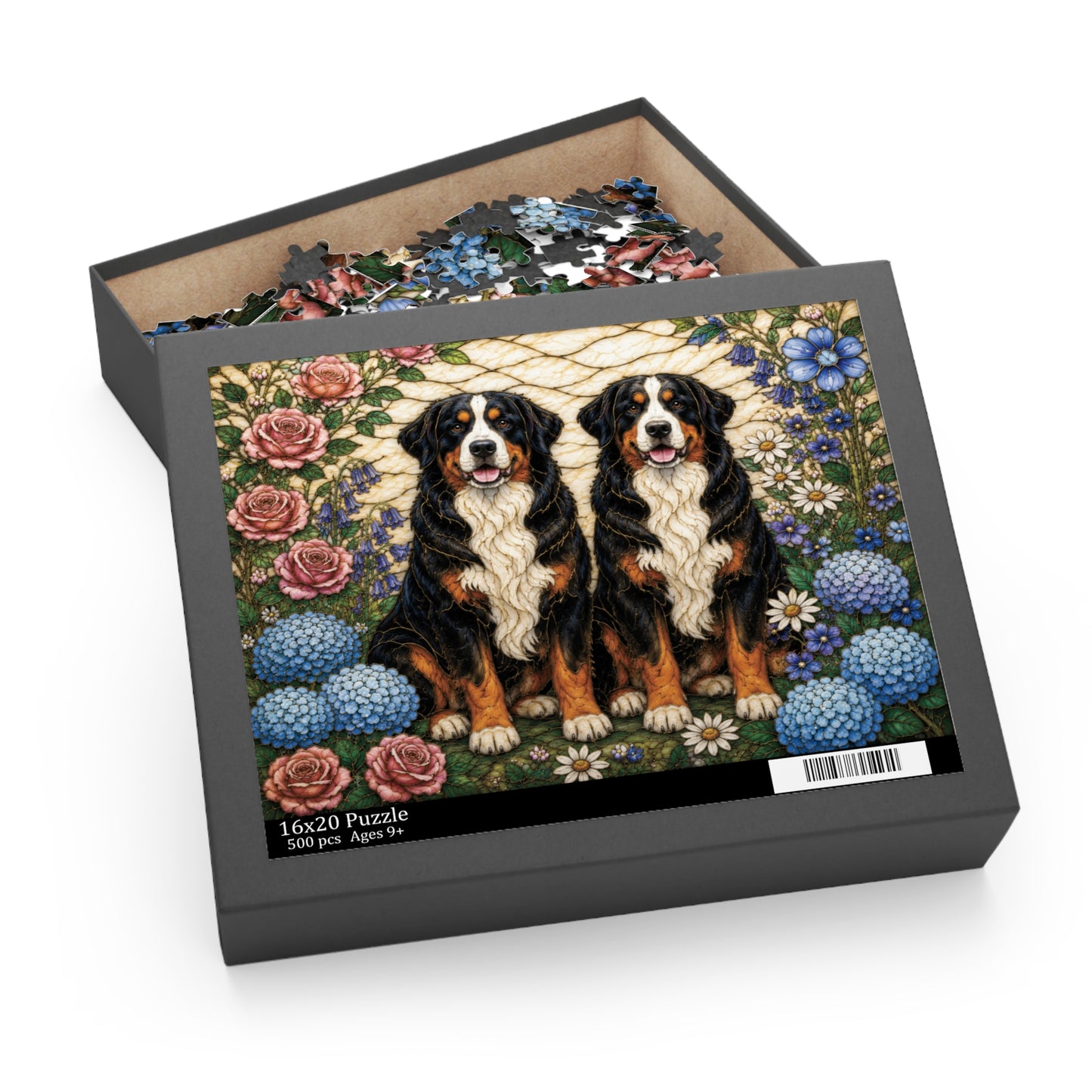 Bernese Mountain Dog Gift Puzzle | Two Berners Stained Glass Floral Jigsaw