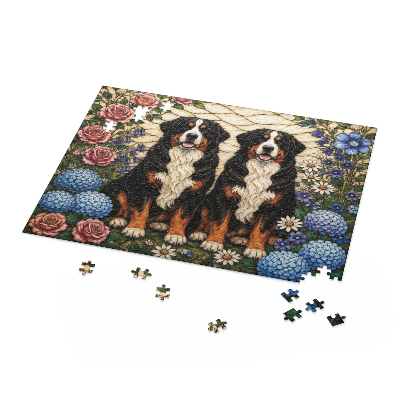 Bernese Mountain Dog Gift Puzzle | Two Berners Stained Glass Floral Jigsaw