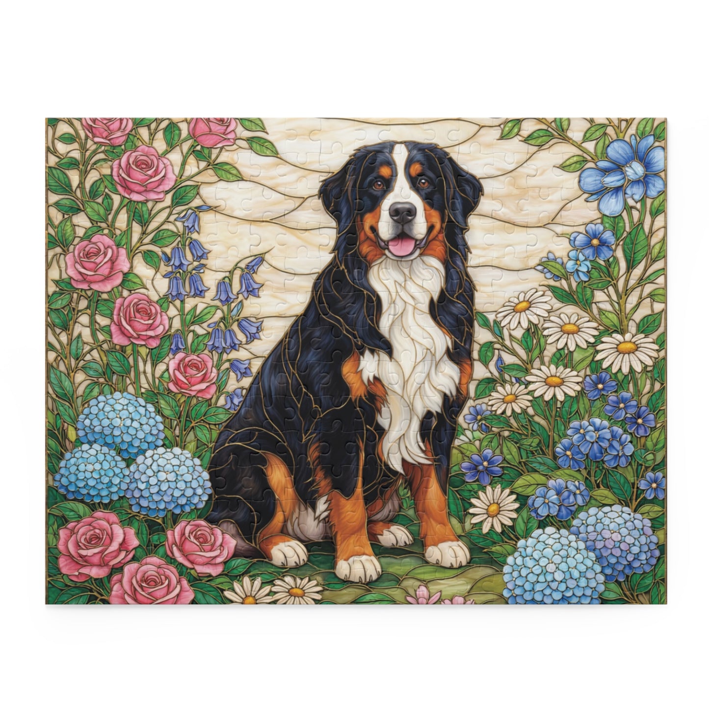 Bernese Mountain Dog Puzzle – Stained Glass Floral Garden Art | 120, 252 & 500 Piece Jigsaw