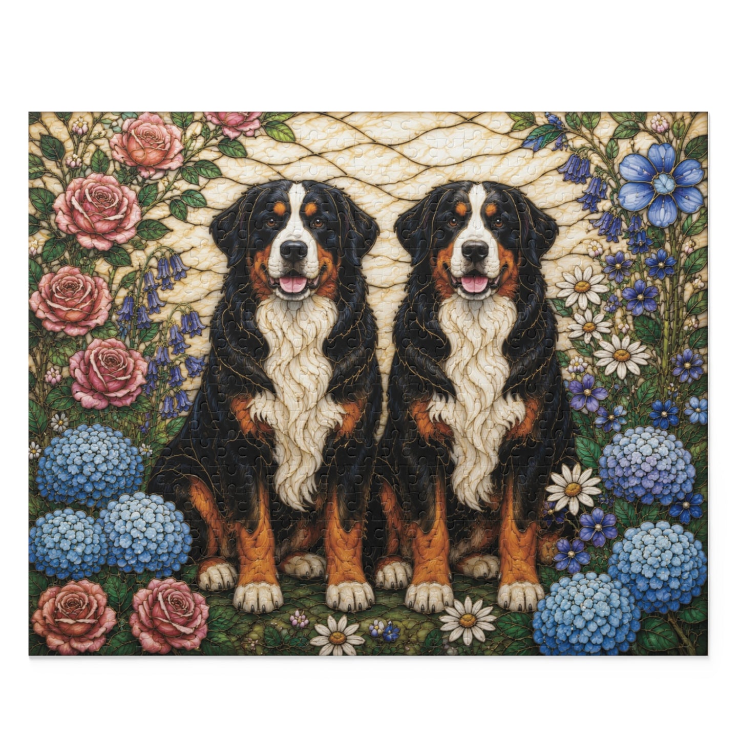 Two Bernese Mountain Dogs Puzzle | Stained Glass Floral Art | 120, 252 & 500 Pieces