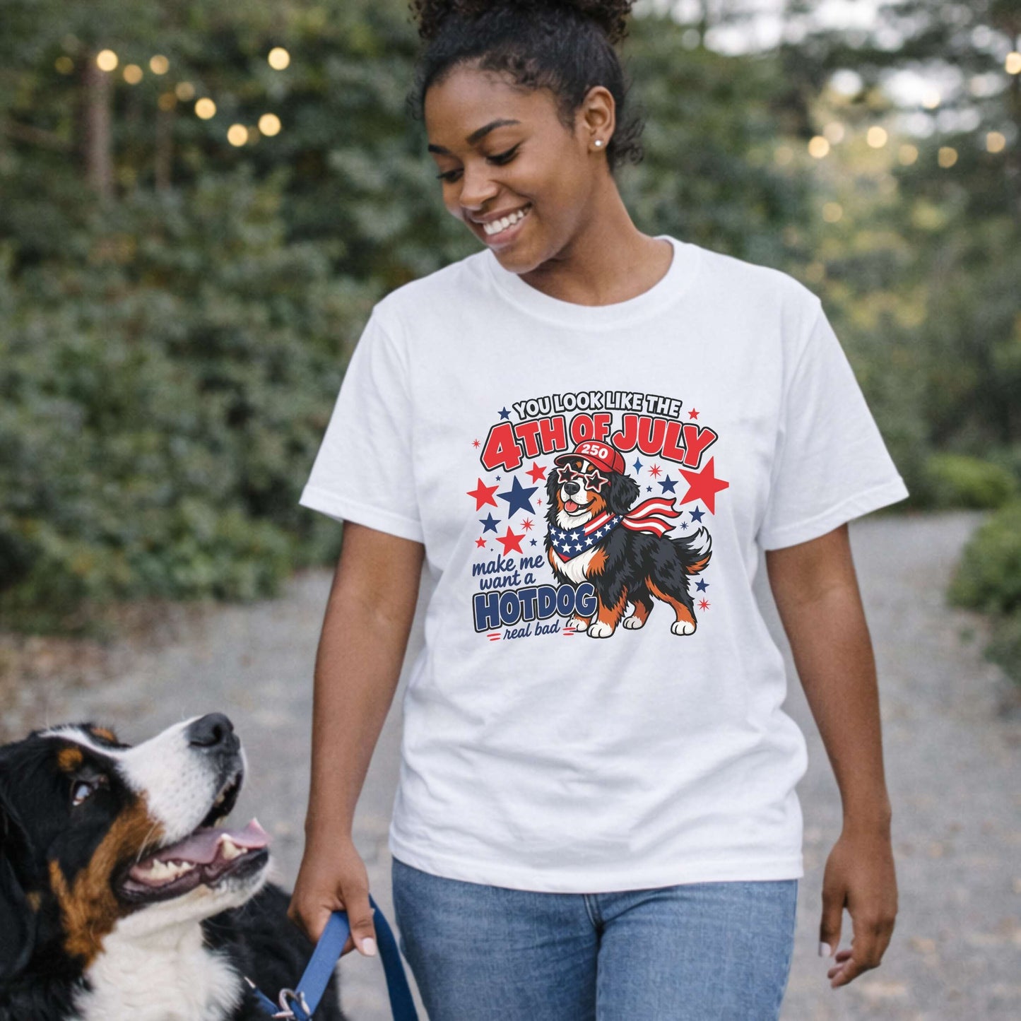 You Look Like the 4th of July Make Me Want a Hotdog Real Bad Bernese Mountain Dog T-Shirt | Funny Patriotic Berner Tee