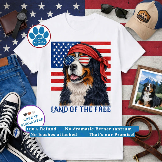 Land of the Free Bernese Mountain Dog T-Shirt — Patriotic Biker Berner 4th of July Tee