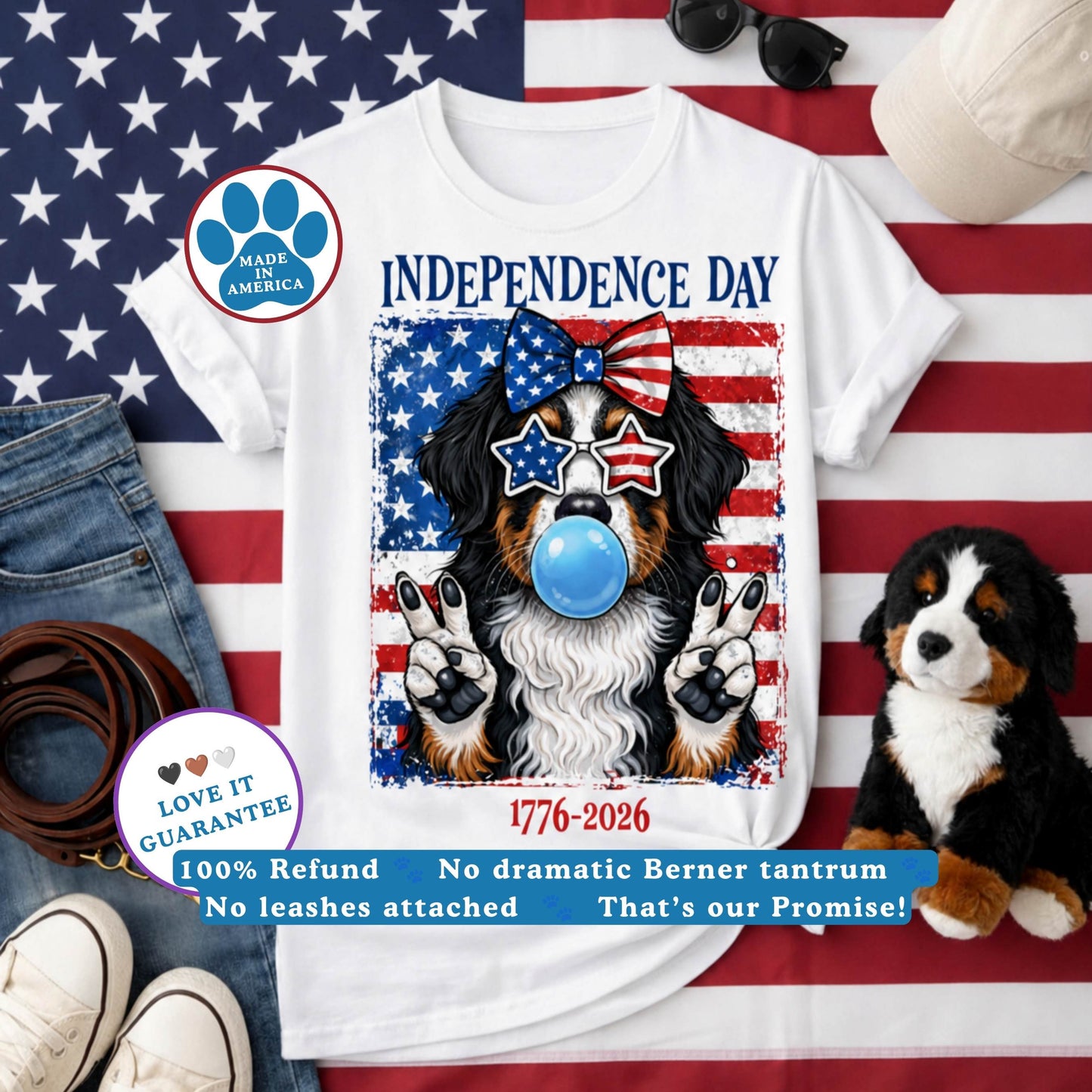 Independence Day 1776-2026 Bernese Mountain Dog T-Shirt — America 250th Birthday Patriotic Berner Tee