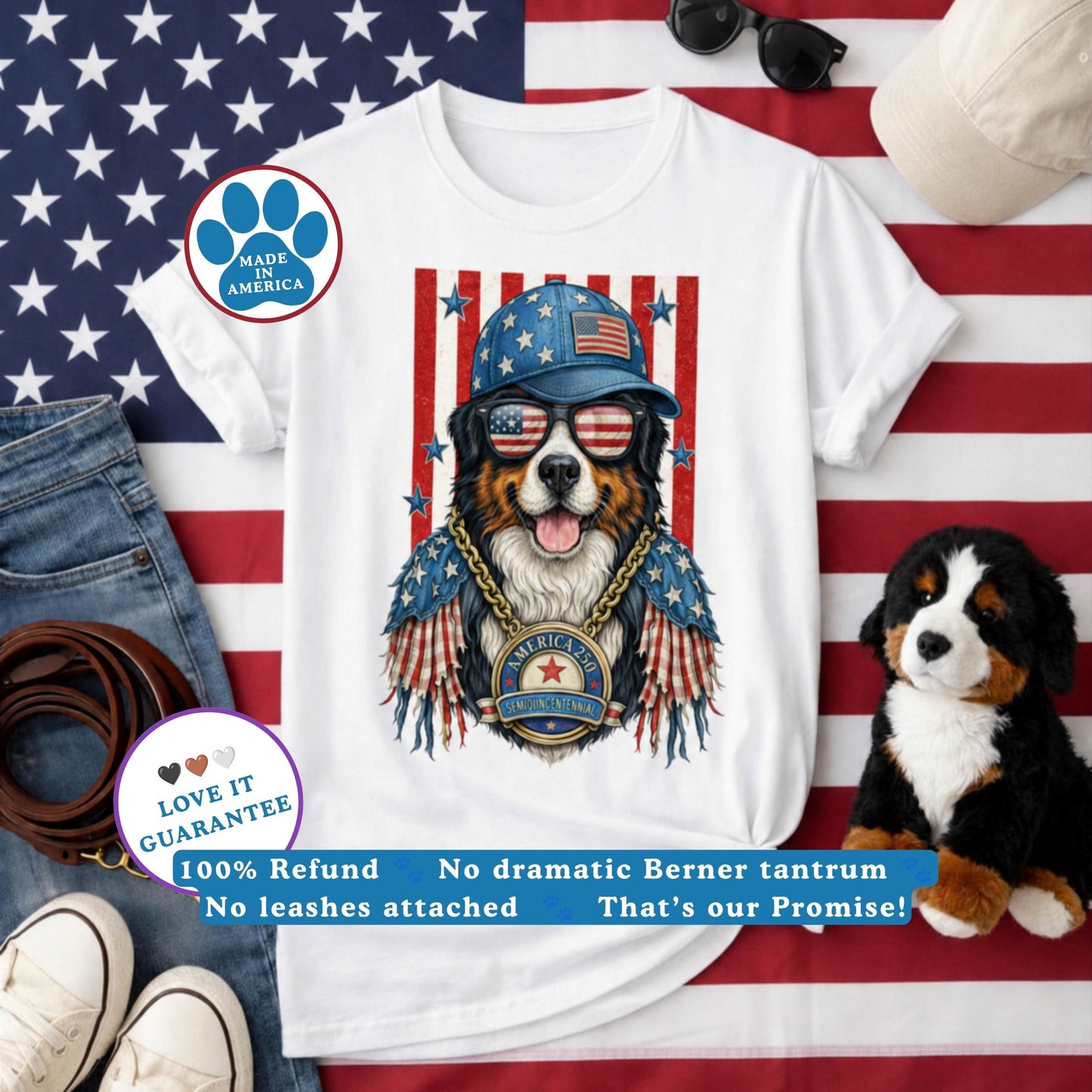 America 250 Bernese Mountain Dog T-Shirt — Funny Patriotic Semiquincentennial Berner Tee