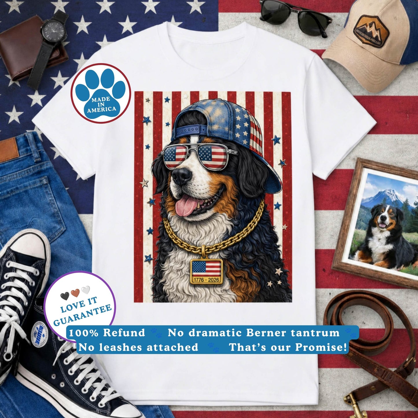 Stars and Stripes Swagger Bernese Mountain Dog T-Shirt | 1776-2026 America 250 Berner Tee
