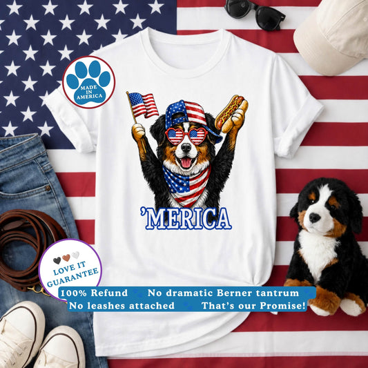 'Merica Bernese Mountain Dog T-Shirt | Funny Patriotic 4th of July Berner Tee with Hot Dog & Flag