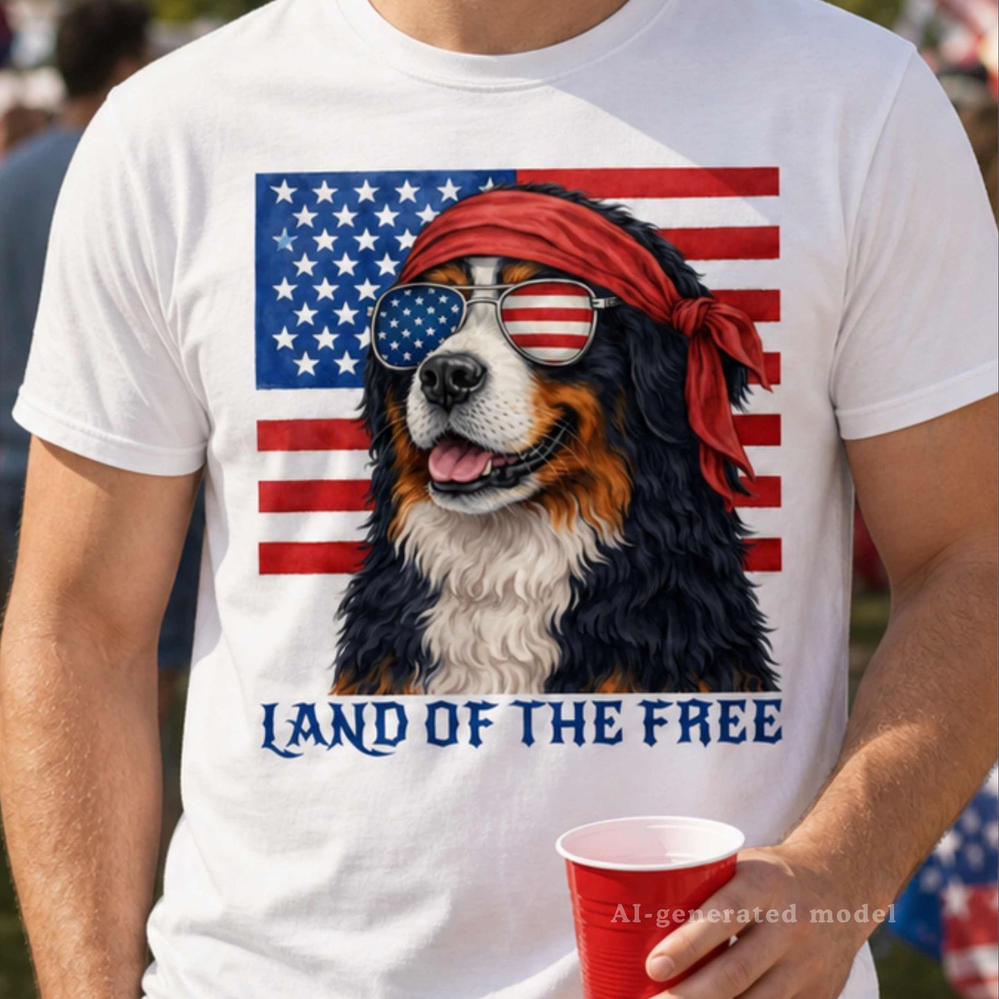 Land of the Free Bernese Mountain Dog T-Shirt — Patriotic Biker Berner 4th of July Tee