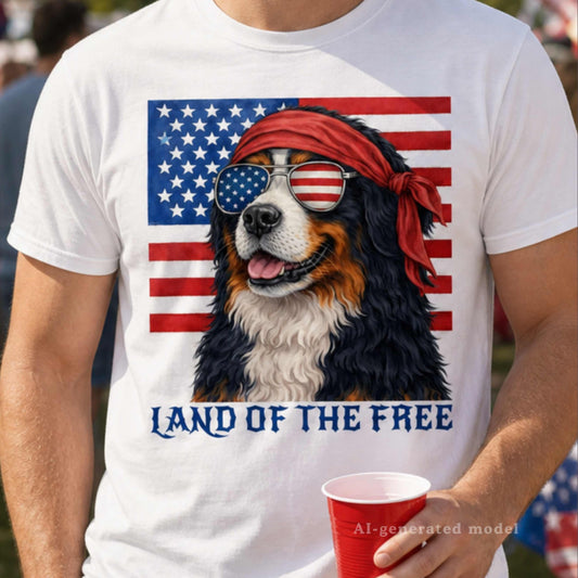 Land of the Free Bernese Mountain Dog T-Shirt — Patriotic Biker Berner 4th of July Tee