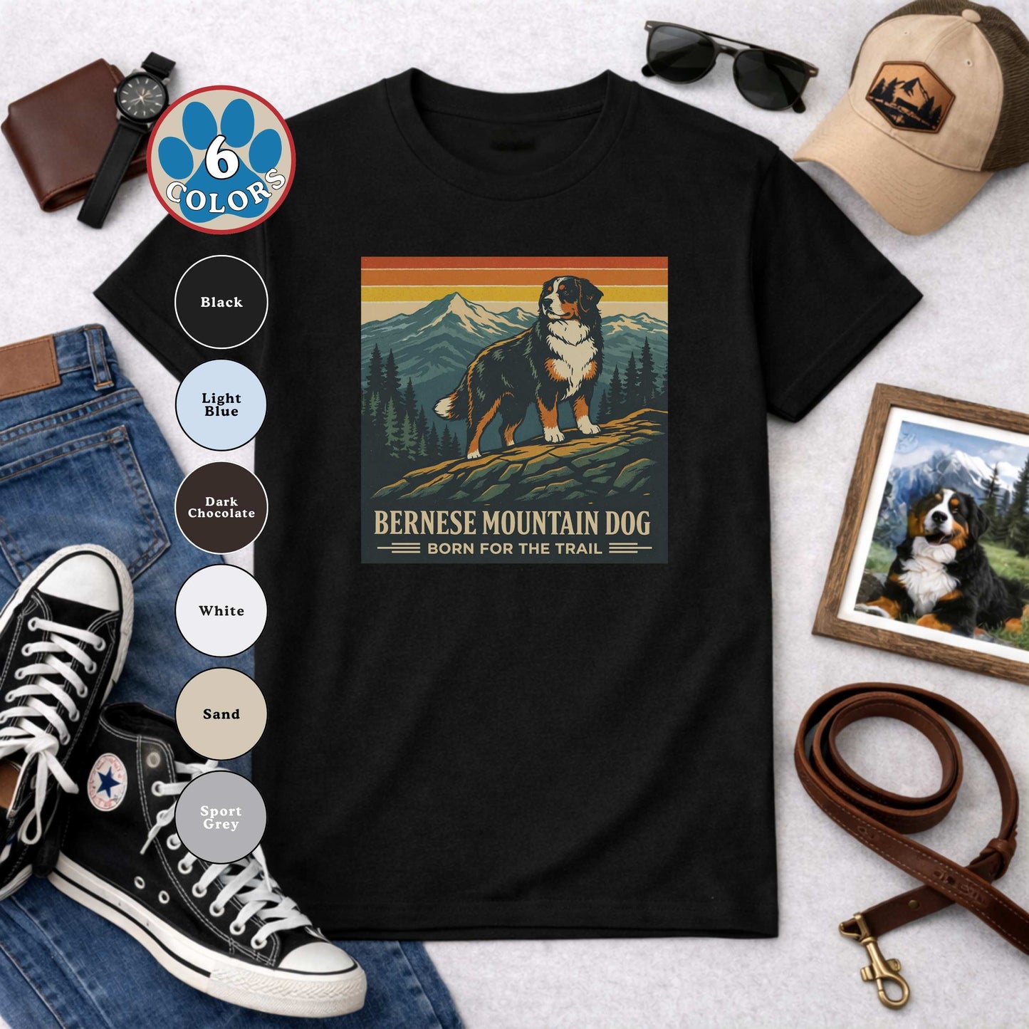 Bernese Mountain Dog Born for the Trail T-Shirt | Vintage National Park Style Berner Tee