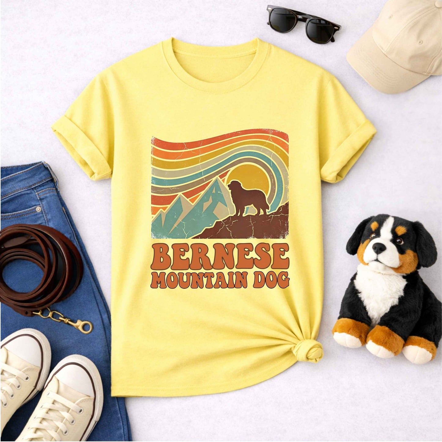 Bernese Mountain Dog Retro Sunset T-Shirt | Vintage 70s Style Berner Gift Tee | The Bernie Bears