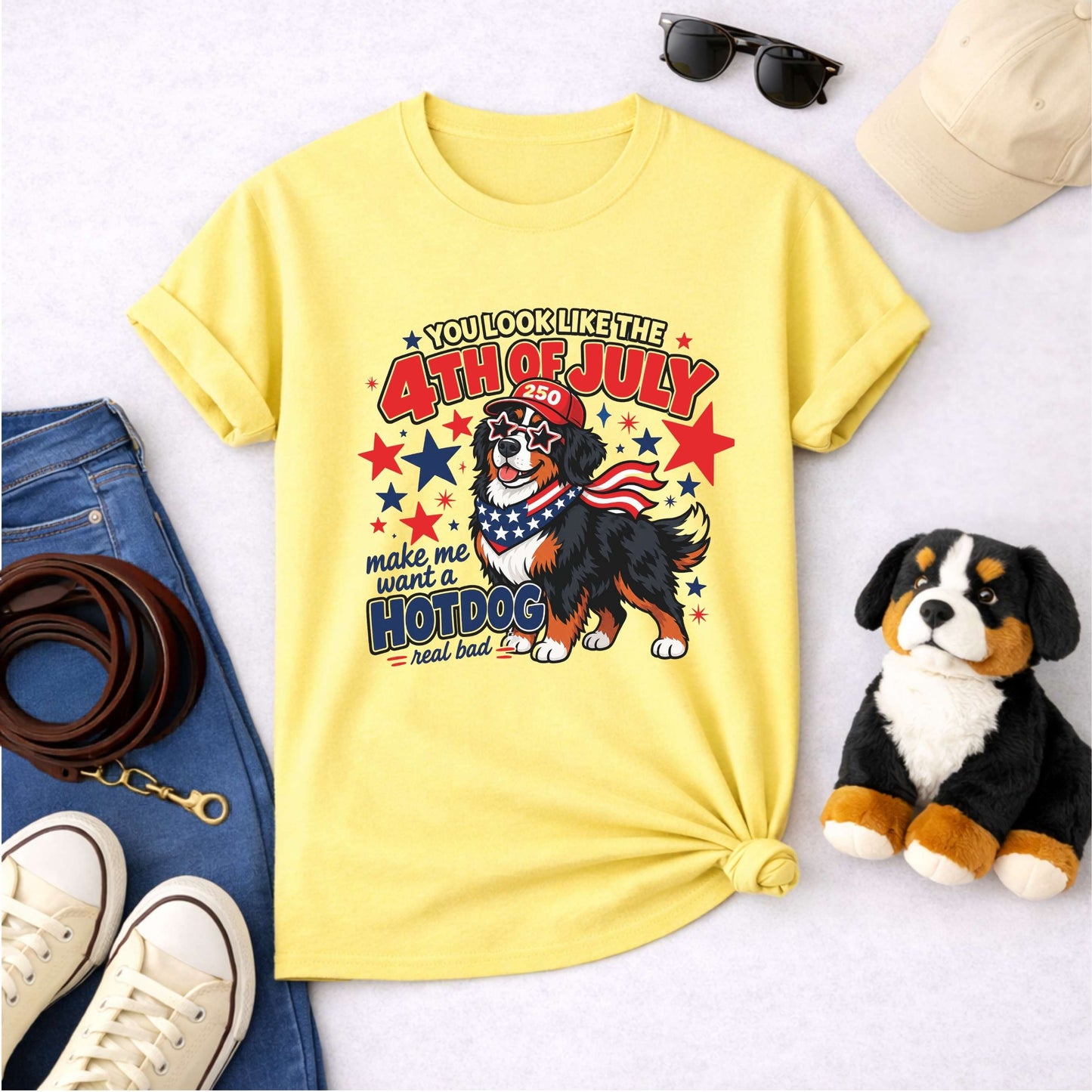 You Look Like the 4th of July Make Me Want a Hotdog Real Bad Bernese Mountain Dog T-Shirt | Funny Patriotic Berner Tee