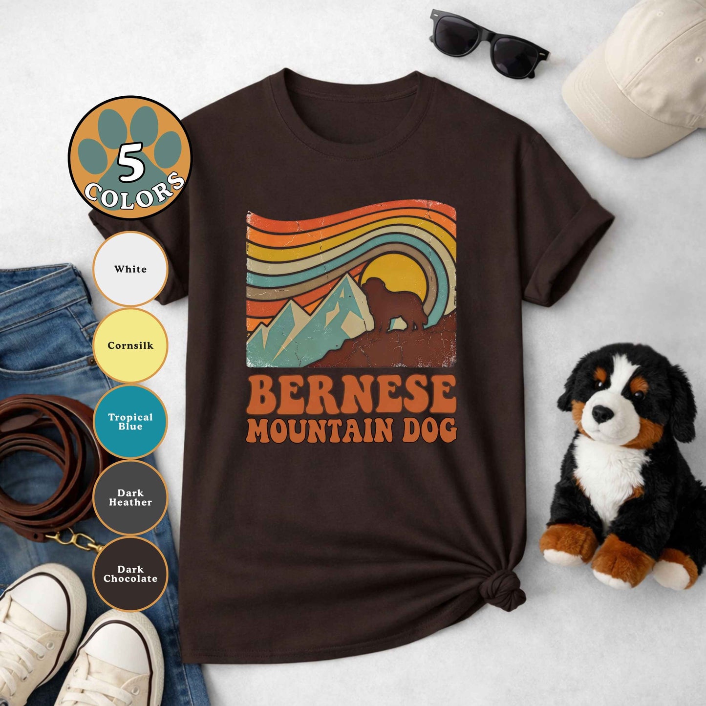 Bernese Mountain Dog Retro Sunset T-Shirt | Vintage 70s Style Berner Gift Tee | The Bernie Bears