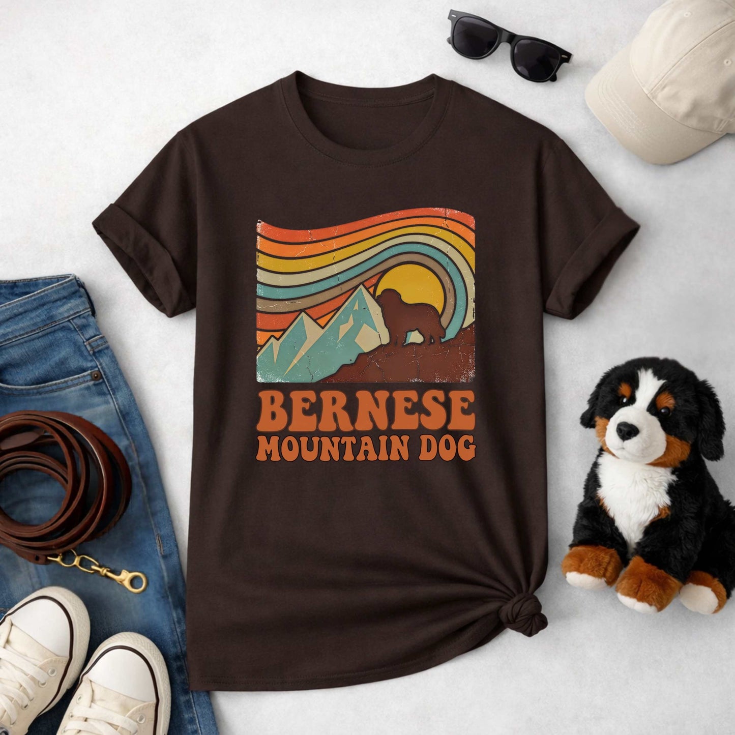 Bernese Mountain Dog Retro Sunset T-Shirt | Vintage 70s Style Berner Gift Tee | The Bernie Bears