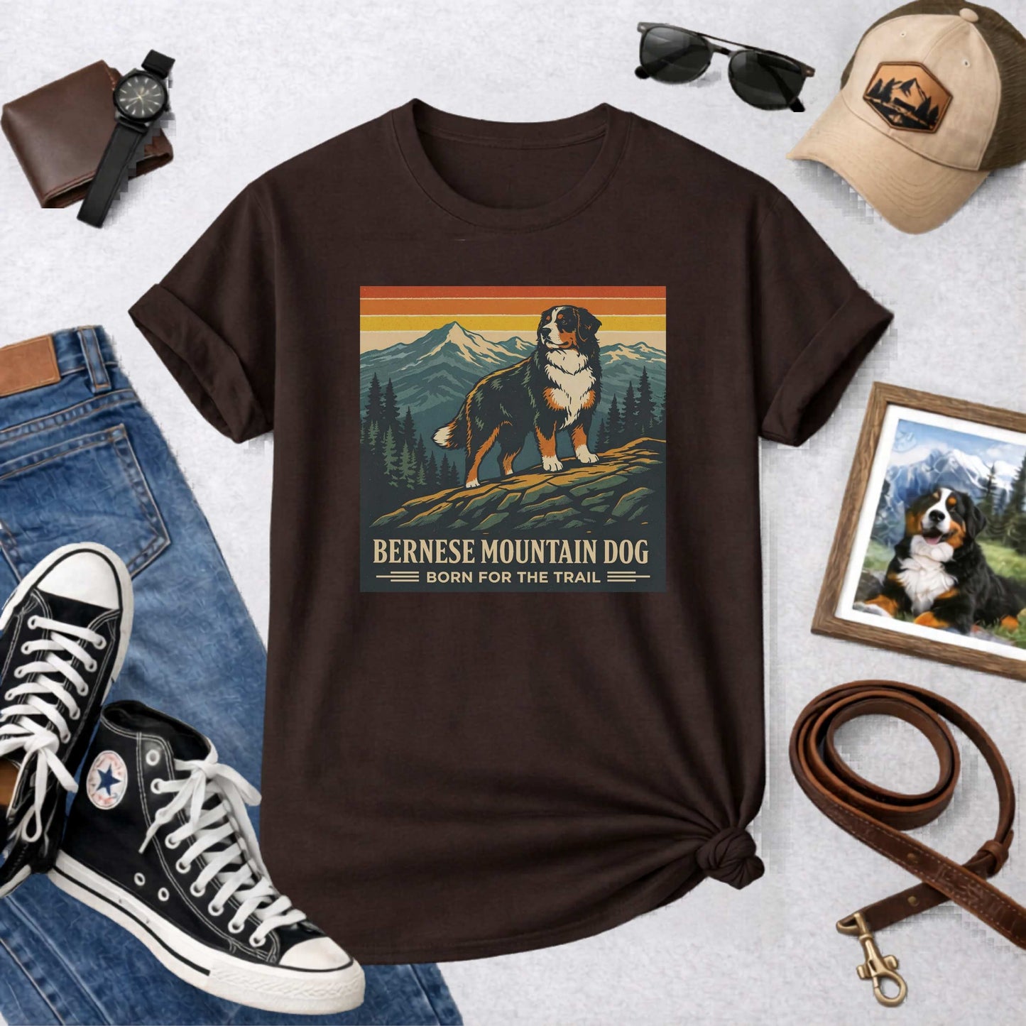 Bernese Mountain Dog Born for the Trail T-Shirt | Vintage National Park Style Berner Tee