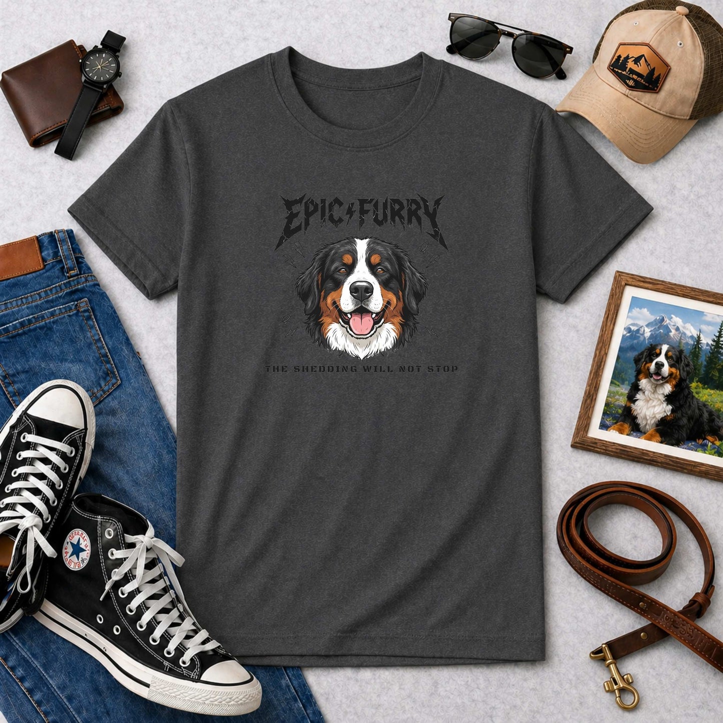 Epic Furry The Shedding Will Not Stop Bernese Mountain Dog T-Shirt | Funny Rock Parody Berner Tee