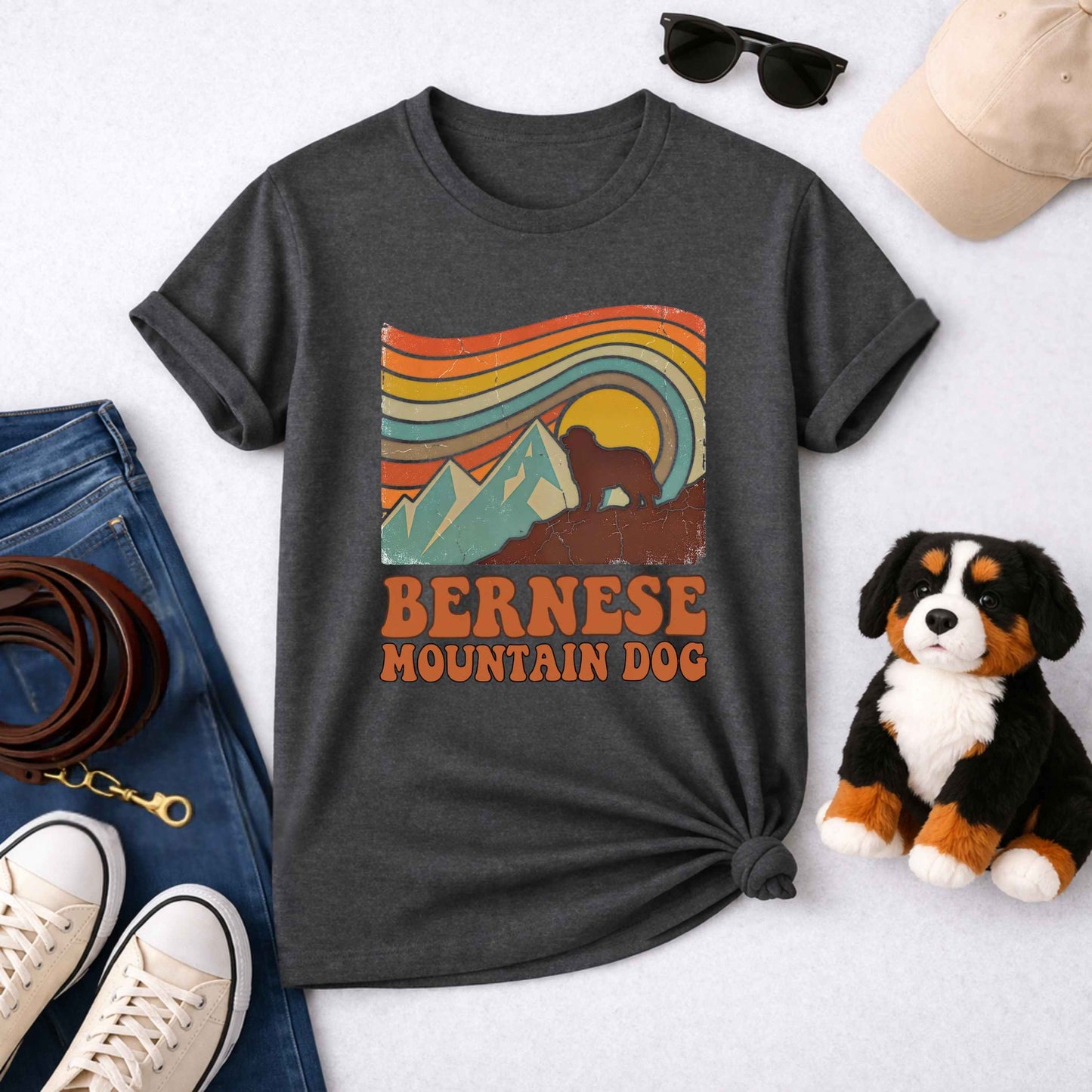 Bernese Mountain Dog Retro Sunset T-Shirt | Vintage 70s Style Berner Gift Tee | The Bernie Bears