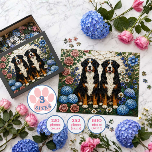 Two Bernese Mountain Dogs Puzzle | Stained Glass Floral Art | 120, 252 & 500 Pieces