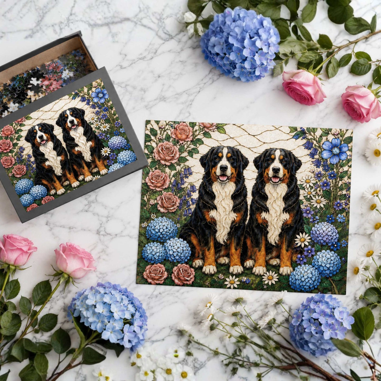 Bernese Mountain Dog Gift Puzzle | Two Berners Stained Glass Floral Jigsaw
