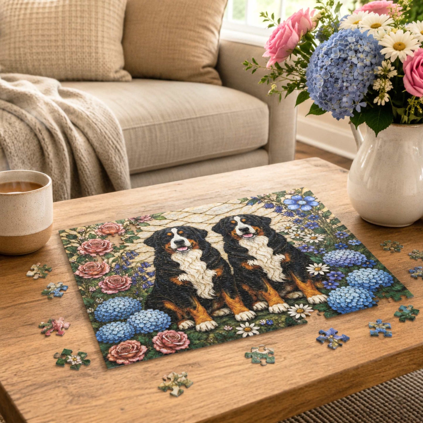 Two Bernese Mountain Dogs Puzzle | Stained Glass Floral Art | 120, 252 & 500 Pieces