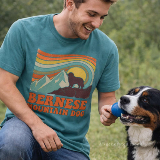 Bernese Mountain Dog Retro Sunset T-Shirt | Vintage 70s Style Berner Gift Tee | The Bernie Bears
