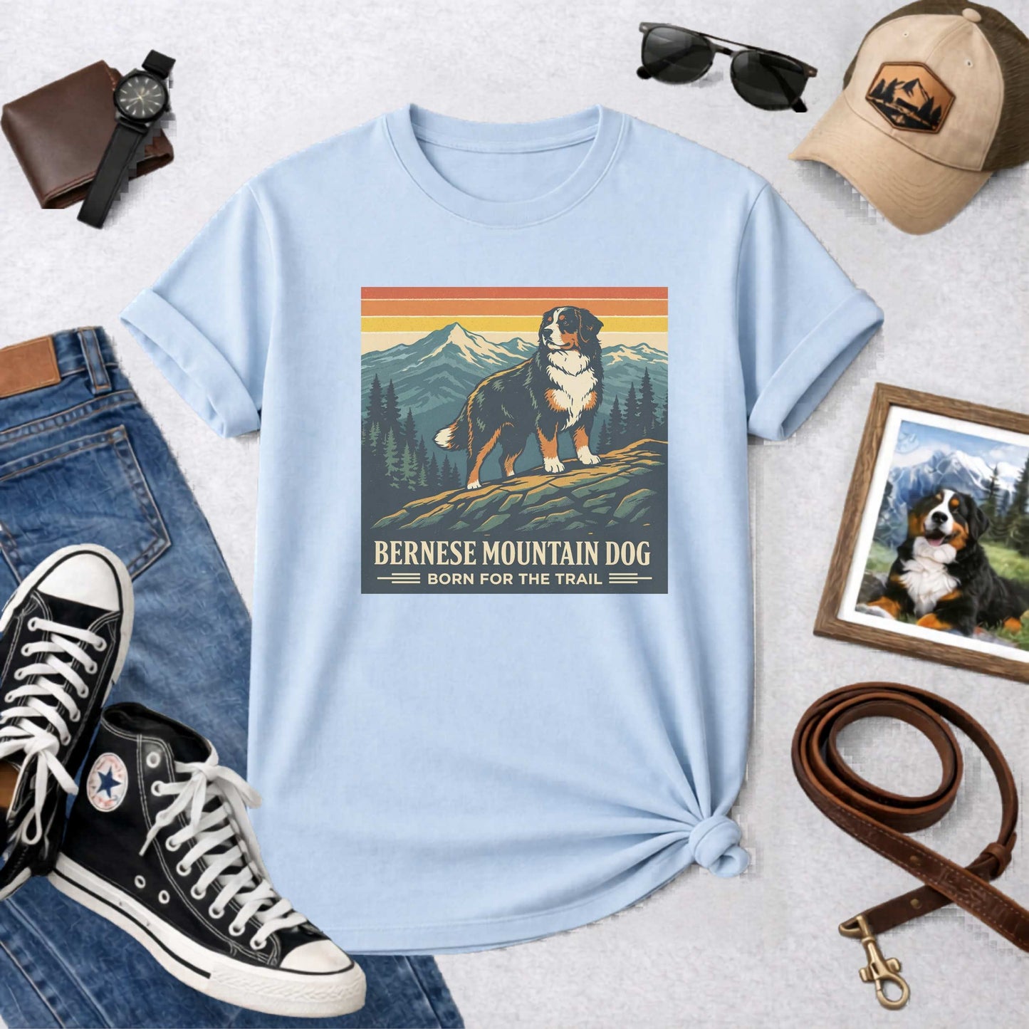 Bernese Mountain Dog Born for the Trail T-Shirt | Vintage National Park Style Berner Tee