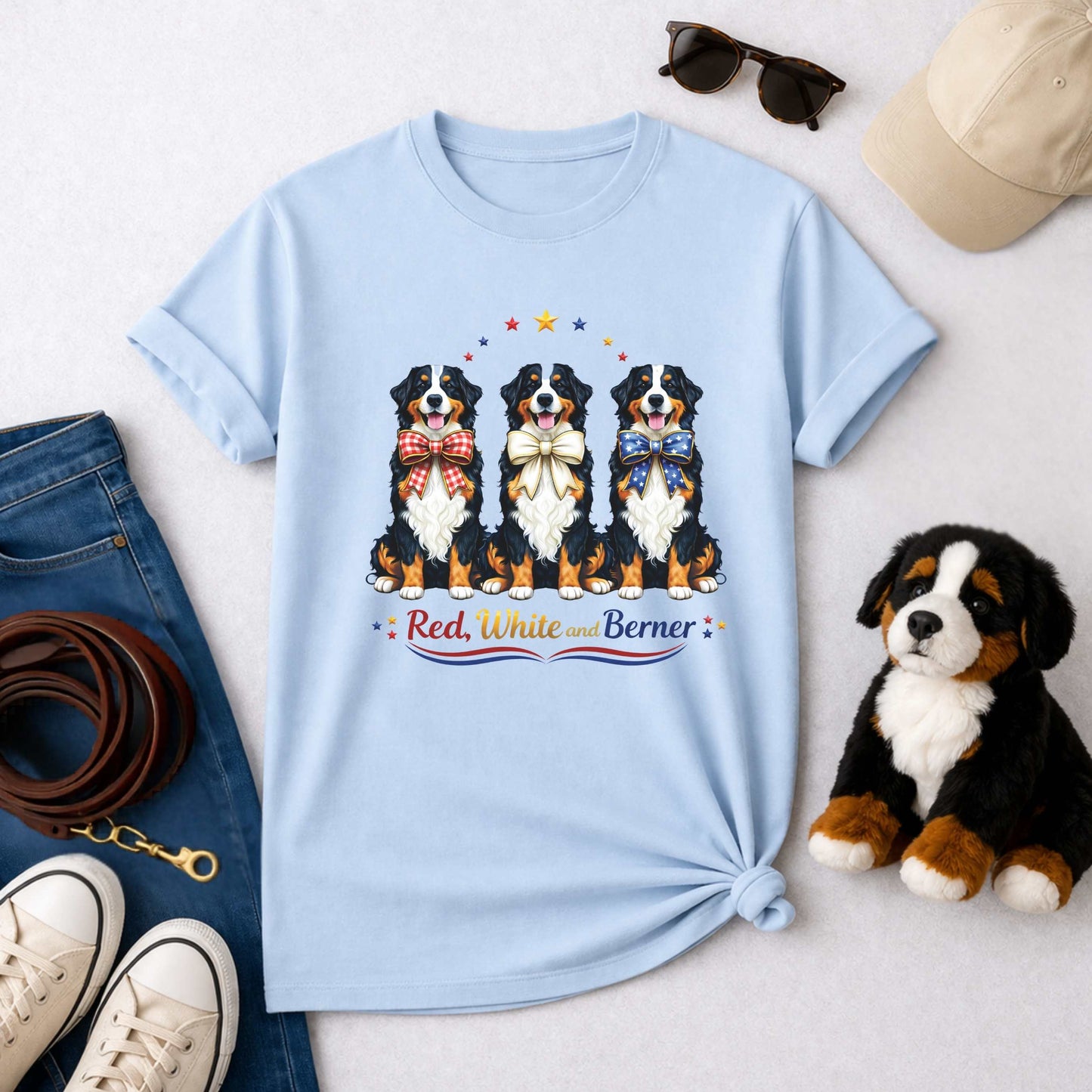 Red White and Berner T-Shirt | Patriotic 4th of July Bernese Mountain Dog Tee | America 250th Birthday
