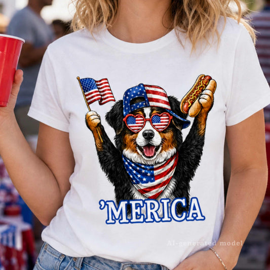 'Merica Bernese Mountain Dog T-Shirt | Funny Patriotic 4th of July Berner Tee with Hot Dog & Flag